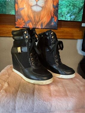 Black Wedge High-Top Sneakers with Gold Accent